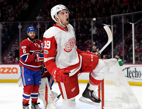 Mar 21, 2017; Montreal, Quebec, CAN; Anthony Mantha (39) celebrates after scoring against the Montreal Canadiens. Mandatory Credit: Eric Bolte-USA TODAY Sports