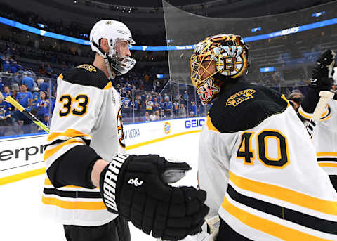 ST. LOUIS, MISSOURI – JUNE 09: Zdeno Chara #33 of the Boston Bruins and goaltender Tuukka Rask #40 celebrate after Game Six of the 2019 NHL Stanley Cup Final at Enterprise Center on June 09, 2019 in St Louis, Missouri. The Bruins defeated the Blues 5-1. (Photo by Brian Babineau/NHLI via Getty Images)