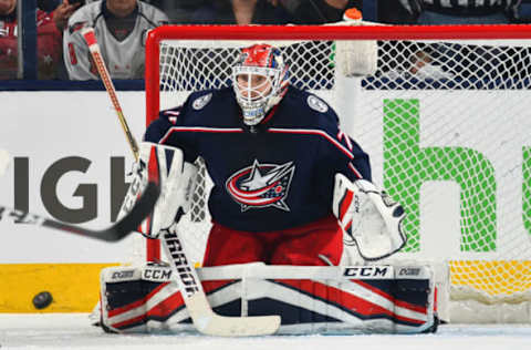 COLUMBUS, OH – APRIL 17: Goaltender Sergei Bobrovsky #72 of the Columbus Blue Jackets defends the net in Game Three of the Eastern Conference First Round against the Washington Capitals during the 2018 NHL Stanley Cup Playoffs at Nationwide Arena in Columbus, Ohio. (Photo by Jamie Sabau/NHLI via Getty Images) *** Local Caption *** Sergei Bobrovsky