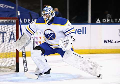 NEW YORK, NEW YORK – APRIL 27: Ukko-Pekka Luukkonen #1 of the Buffalo Sabres skates in warm-ups prior to the game against the New York Rangers at Madison Square Garden on April 27, 2021 in New York City. (Photo by Bruce Bennett/Getty Images)