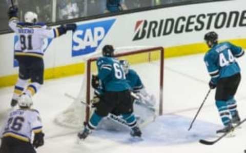 May 25, 2016; San Jose, CA, USA; St. Louis Blues right wing Vladimir Tarasenko (91) celebrates scoring a goal against the San Jose Sharks in the third period of game six in the Western Conference Final of the 2016 Stanley Cup Playoffs at SAP Center at San Jose. The Sharks won 5-2. Mandatory Credit: John Hefti-USA TODAY Sports