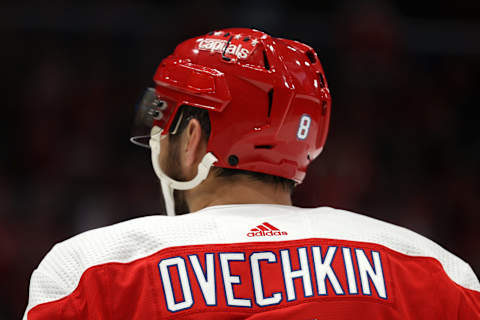 WASHINGTON, DC – FEBRUARY 08: Alex Ovechkin #8 of the Washington Capitals skates against the Philadelphia Flyers at Capital One Arena on February 08, 2020 in Washington, DC. (Photo by Patrick Smith/Getty Images)