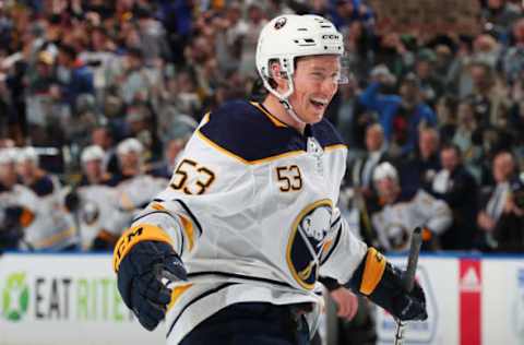 BUFFALO, NY – FEBRUARY 7: Jeff Skinner #53 of the Buffalo Sabres celebrates his third period goal during an NHL game against the Carolina Hurricanes on February 7, 2019 at KeyBank Center in Buffalo, New York. (Photo by Bill Wippert/NHLI via Getty Images)