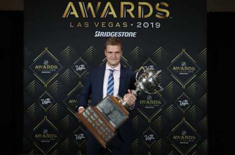 LAS VEGAS, NEVADA – JUNE 19: Aleksander Barkov of the Florida Panthers poses with the Lady Byng Memorial Trophy awarded to the player who exemplifies the best type of sportsmanship and gentlemanly conduct combined with a high standard of playing ability during the 2019 NHL Awards at the Mandalay Bay Events Center on June 19, 2019 in Las Vegas, Nevada. (Photo by Bruce Bennett/Getty Images)