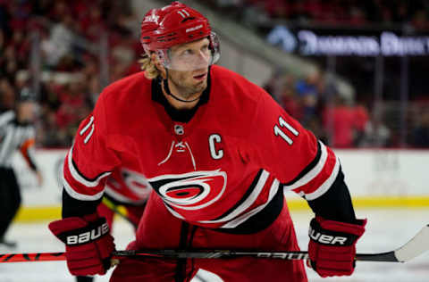 RALEIGH, NC – OCTOBER 3: Jordan Staal #11 of the Carolina Hurricanes prepares for a face-off against the Montreal Canadiens during an NHL game on October 3, 2019 at PNC Arena in Raleigh North Carolina. (Photo by Gregg Forwerck/NHLI via Getty Images)