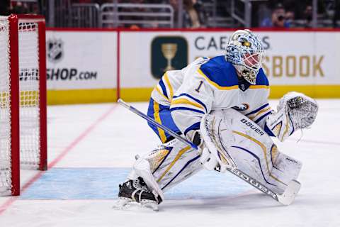 WASHINGTON, DC – MARCH 15: Ukko-Pekka Luukkonen #1 of the Buffalo Sabres tends net against the Washington Capitals during the second period of the game at Capital One Arena on March 15, 2023 in Washington, DC. (Photo by Scott Taetsch/Getty Images)