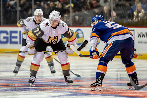 BROOKLYN, NY – DECEMBER 12: William Karlsson (71) of the Vegas Golden Knights lines up against Casey Cizikas (53) of the New York Islanders for the opening face-off during a game between the New York Islanders and the Vegas Golden Knights on December 12, 2018 at the Barclays Center in Brooklyn, NY. (Photo by John McCreary/Icon Sportswire via Getty Images)