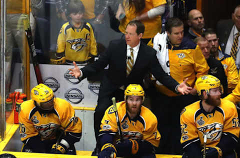 NASHVILLE, TN – JUNE 05: Phil Housley of the Nashville Predators reacts against the Pittsburgh Penguins during the third period in Game Four of the 2017 NHL Stanley Cup Final at the Bridgestone Arena on June 5, 2017 in Nashville, Tennessee. (Photo by Bruce Bennett/Getty Images)