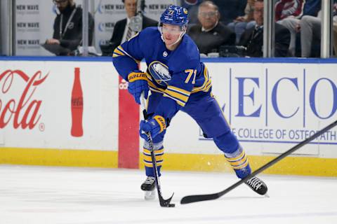 BUFFALO, NEW YORK – DECEMBER 01: Victor Olofsson #71 of the Buffalo Sabres skates during the second period of an NHL hockey game against the Colorado Avalanche at KeyBank Center on December 01, 2022 in Buffalo, New York. (Photo by Joshua Bessex/Getty Images)