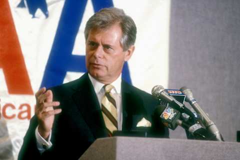 NHL President John Ziegler addresses the media. (Photo by Mitchell Layton/Getty Images)