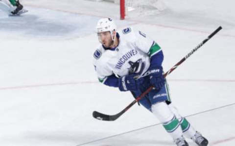 DALLAS, TX – MARCH 17: Josh Leivo #17 of the Vancouver Canucks celebrates a shoot-out goal against the Dallas Stars at the American Airlines Center on March 17, 2019 in Dallas, Texas. (Photo by Glenn James/NHLI via Getty Images)