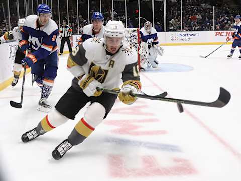 UNIONDALE, NEW YORK – DECEMBER 05: Reilly Smith #19 of the Vegas Golden Knights skates against he New York Islanders at NYCB Live’s Nassau Coliseum on December 05, 2019 in Uniondale, New York. (Photo by Bruce Bennett/Getty Images)