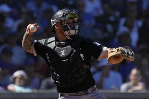 Mar 27, 2023; Mesa, Arizona, USA; Chicago White Sox catcher Yasmani Grandal (24) throws down to second base against the Chicago Cubs in the second inning at Sloan Park. Mandatory Credit: Rick Scuteri-USA TODAY Sports