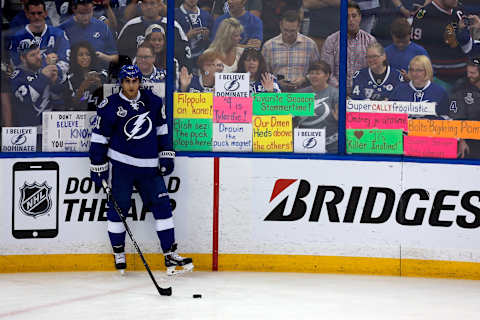 TAMPA, FL – JUNE 13: Valtteri Filppula #51 of the Tampa Bay Lightning looks on prior to Game Five of the 2015 NHL Stanley Cup Final against the Chicago Blackhawks at Amalie Arena on June 13, 2015 in Tampa, Florida. (Photo by Mike Carlson/Getty Images)