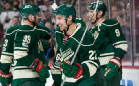 Feb 12, 2017; Saint Paul, MN, USA; Minnesota Wild forward Nino Niederreiter (22) celebrates his goal during the first period against the Detroit Red Wings at Xcel Energy Center. Mandatory Credit: Brace Hemmelgarn-USA TODAY Sports