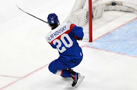 Slovakia’s Juraj Slafkovsky (Photo by GABRIEL BOUYS / AFP) (Photo by GABRIEL BOUYS/AFP via Getty Images)