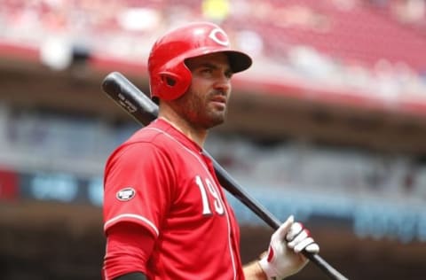 Jul 17, 2016; Cincinnati, OH, USA; Cincinnati Reds first baseman Joey Votto waits on deck during the seventh inning against the Milwaukee Brewers at Great American Ball Park. Mandatory Credit: David Kohl-USA TODAY Sports. MLB.