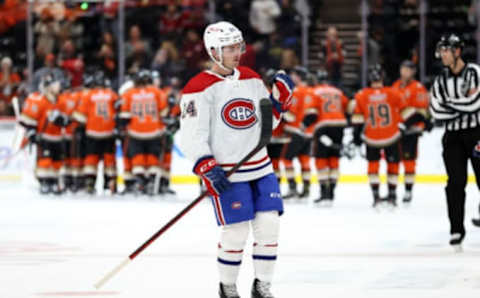 ANAHEIM, CALIFORNIA – OCTOBER 31: Adam Brooks #24 of the Montreal Canadiens  (Photo by Sean M. Haffey/Getty Images)