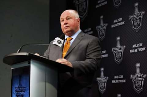 Apr 20, 2015; Winnipeg, Manitoba, CAN; Anaheim Ducks head coach Bruce Boudreau addresses the media after the game against the Winnipeg Jets in game three of the first round of the 2015 Stanley Cup Playoffs at MTS Centre. Ducks win 5-4 Mandatory Credit: Bruce Fedyck-USA TODAY Sports