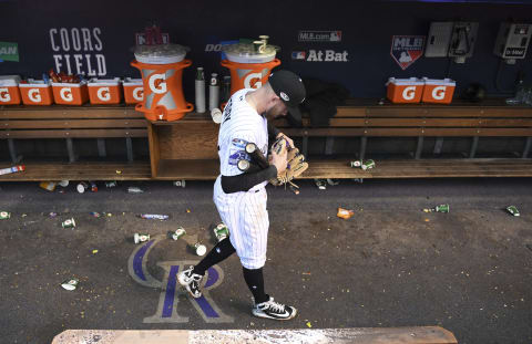 DENVER, CO – OCTOBER 7: Trevor Sttory #27 leaves the dugout after the Colorado Rockies fell to the Milwaukee Brewers in Game Three of the National League Division Series at Coors Field on October 7, 2018 in Denver, Colorado. (Photo by RJ Sangosti/The Denver Post via Getty Images)