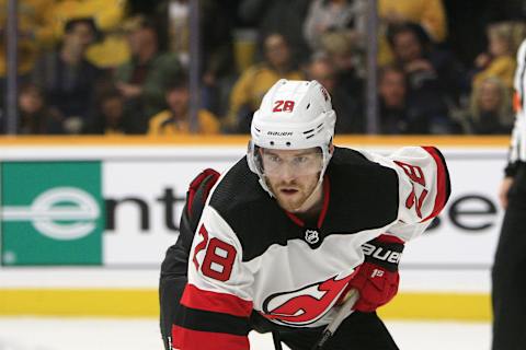 NASHVILLE, TN – DECEMBER 15: New Jersey Devils defenseman Damon Severson (28) is shown during the NHL game between the Nashville Predators and New Jersey Devils, held on December 15, 2018, at Bridgestone Arena in Nashville, Tennessee. (Photo by Danny Murphy/Icon Sportswire via Getty Images)