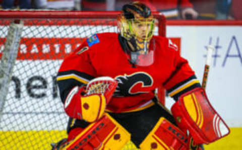 Feb 15, 2016; Calgary, Alberta, CAN; Calgary Flames goalie Jonas Hiller (1) guards his net during the warmup period against the Anaheim Ducks at Scotiabank Saddledome. Mandatory Credit: Sergei Belski-USA TODAY Sports