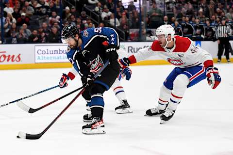 COLUMBUS, OHIO – NOVEMBER 23: Emil Bemstrom #52 of the Columbus Blue Jackets brings the puck to the net against Joel Edmundson #44 of the Montreal Canadiens during the second period at Nationwide Arena on November 23, 2022 in Columbus, Ohio. (Photo by Emilee Chinn/Getty Images)