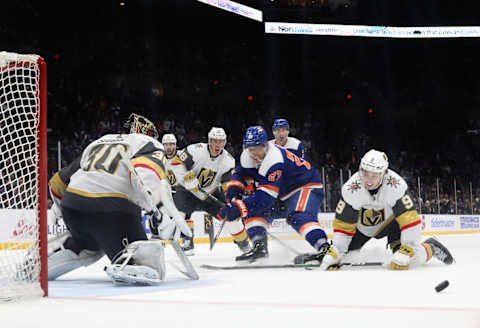 UNIONDALE, NEW YORK – DECEMBER 05: Anders Lee #27 of the New York Islanders misses a third period chance against Malcolm Subban #30 of the Vegas Golden Knights at NYCB Live’s Nassau Coliseum on December 05, 2019 in Uniondale, New York. The Islanders defeated the Golden Knights 3-2 in overtime. (Photo by Bruce Bennett/Getty Images)