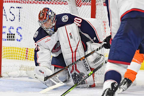 Dec 20, 2022; Philadelphia, Pennsylvania, USA; Columbus Blue Jackets goaltender Daniil Tarasov (40) makes a save against the Philadelphia Flyers during the second period at Wells Fargo Center. Mandatory Credit: Eric Hartline-USA TODAY Sports