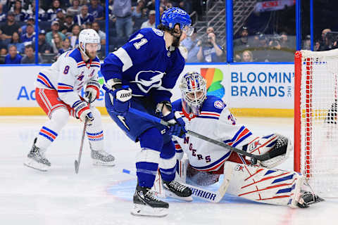 TAMPA, FLORIDA – JUNE 11: Igor Shesterkin #31 of the New York Rangers makes a glove save against Anthony Cirelli #71 o. (Photo by Andy Lyons/Getty Images)