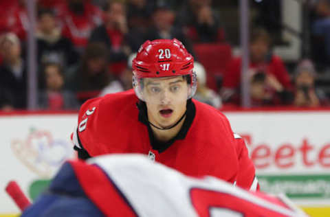 RALEIGH, NC – DECEMBER 28: Carolina Hurricanes center Sebastian Aho (20) during the 2nd half of the Carolina Hurricanes game versus the Washington Capitals on December 28th, 2019 at PNC Arena in Raleigh, NC (Photo by Jaylynn Nash/Icon Sportswire via Getty Images)