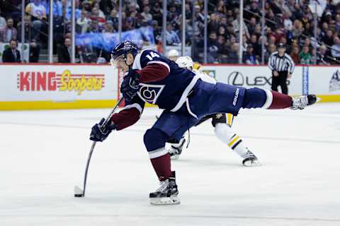 Feb 9, 2017; Denver, CO, USA; Colorado Avalanche left wing Blake Comeau (14) takes a shot in the second period against the Pittsburgh Penguins at the Pepsi Center. Mandatory Credit: Isaiah J. Downing-USA TODAY Sports