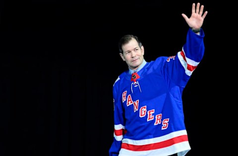 NEW YORK, NEW YORK – JANUARY 28: Former New York Rangers player Mike Richter waves to fans during former Henrik Lundqvist’s jersey retirement ceremony prior to a game between the New York Rangers and Minnesota Wild at Madison Square Garden on January 28, 2022 in New York City. Henrik Lundqvist played all 15 seasons of his NHL career with the Rangers before retiring in 2020. (Photo by Steven Ryan/Getty Images)