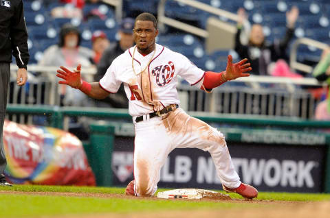 WASHINGTON, DC – SEPTEMBER 23: Victor Robles #16 of the Washington Nationals celebrates after hitting a triple in the eighth inning against the New York Mets at Nationals Park on September 23, 2018 in Washington, DC. (Photo by Greg Fiume/Getty Images)