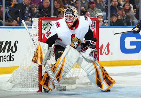 BUFFALO, NY – APRIL 4: Joey Daccord #34 of the Ottawa Senators tends goal during his first NHL game against the Buffalo Sabres on April 4, 2019 at KeyBank Center in Buffalo, New York. (Photo by Sara Schmidle/NHLI via Getty Images)