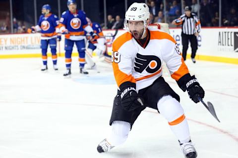 Mar 21, 2016; Brooklyn, NY, USA; Philadelphia Flyers center Sam Gagner (89) celebrates his goal during the third period against the New York Islanders at Barclays Center. Philadelphia Flyers won 4-1. Mandatory Credit: Anthony Gruppuso-USA TODAY Sports