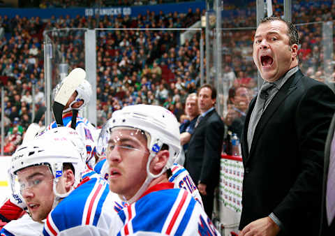 VANCOUVER, BC – DECEMBER 9: Head coach Alain Vigneault of the New York Rangers shouts instructions from the bench against the Vancouver Canucks during their NHL game at Rogers Arena December 9, 2015 in Vancouver, British Columbia, Canada. (Photo by Jeff Vinnick/NHLI via Getty Images)