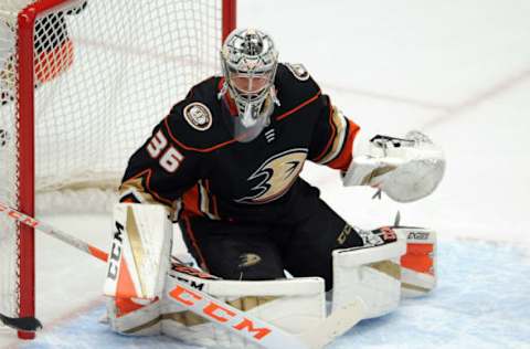 ANAHEIM, CA – MARCH 04: Anaheim Ducks goalie John Gibson (36) in action during the first period against the Chicago Blackhawks. (Photo by John Cordes/Icon Sportswire via Getty Images)