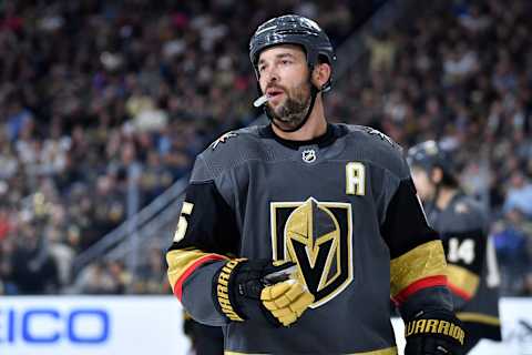 LAS VEGAS, NEVADA – OCTOBER 15: Deryk Engelland #5 of the Vegas Golden Knights skates during the second period against the Nashville Predators at T-Mobile Arena on October 15, 2019 in Las Vegas, Nevada. (Photo by Jeff Bottari/NHLI via Getty Images)