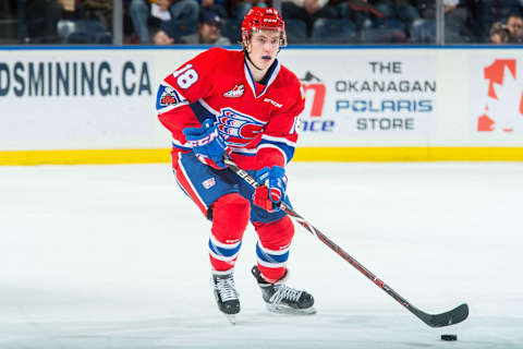 KELOWNA, BC – MARCH 03: Filip Kral #18 of the Spokane Chiefs skates with the puck against the Kelowna Rockets at Prospera Place on March 3, 2018 in Kelowna, Canada. (Photo by Marissa Baecker/Getty Images)