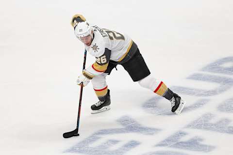 Paul Stastny of the Vegas Golden Knights skates with the puck against the San Jose Sharks in Game Seven of the Western Conference First Round during the 2019 NHL Stanley Cup Playoffs at SAP Center on April 23, 2019.