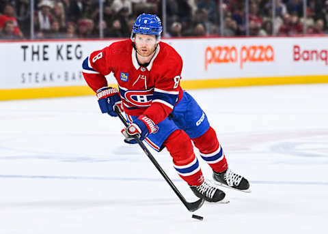 Mar 9, 2023; Montreal, Quebec, CAN; Montreal Canadiens defenseman Mike Matheson (8) against the New York Rangers during overtime at Bell Centre. Mandatory Credit: David Kirouac-USA TODAY Sports