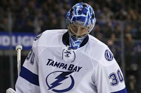 Oct 30, 2016; New York, NY, USA; Tampa Bay Lightning goalie Ben Bishop (30) during a break in action against the New York Rangers during the second period at Madison Square Garden. Mandatory Credit: Adam Hunger-USA TODAY Sports