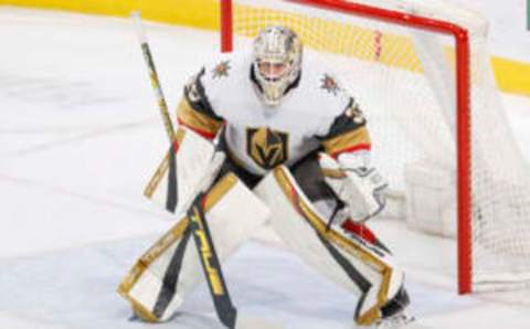 SUNRISE, FL – MARCH 7: Goaltender Adin Hill #33 of the Vegas Golden Knightsdefends the net against the Florida Panthers at the FLA Live Arena on March 7, 2023 in Sunrise, Florida. (Photo by Joel Auerbach/Getty Images)