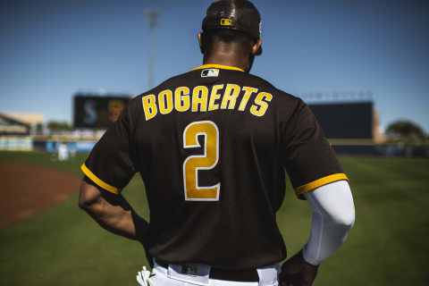 PEORIA, AZ – FEBRUARY 24: Xander Bogaerts #2 of the San Diego Padres warms up in the outfield before the game during a spring training game against the Seattle Mariners at Peoria Stadium on February 24, 2023 in Peoria, Arizona. (Photo by Matt Thomas/San Diego Padres/Getty Images)