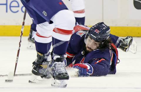 New York Rangers center Mika Zibanejad (93) attempts to control the puck Mandatory Credit: Bruce Bennett/Pool Photo-USA TODAY Sports