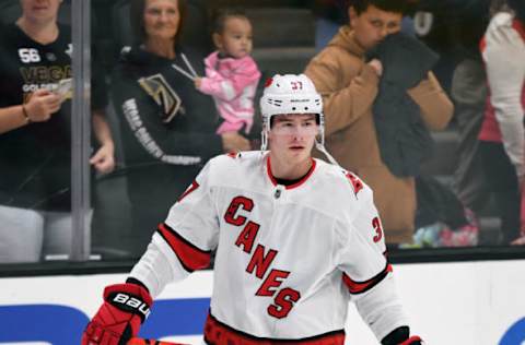 ANAHEIM, CA – OCTOBER 18: Carolina Hurricanes left wing Andrei Svechnikov (37) on the ice during warm-ups before a game against the Anaheim Ducks played on October 18, 2019 at the Honda Center in Anaheim, CA. (Photo by John Cordes/Icon Sportswire via Getty Images)