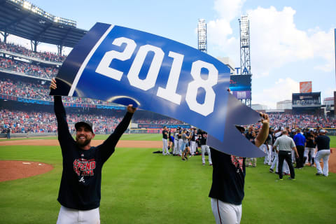 ATLANTA, GA – SEPTEMBER 22: Ender Inciarte #11 of the Atlanta Braves celebrates after clinching the NL East Division against the Philadelphia Phillies at SunTrust Park on September 22, 2018 in Atlanta, Georgia. (Photo by Daniel Shirey/Getty Images)