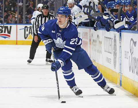 TORONTO, CANADA – APRIL 27: Matthew Knies #23 of the Toronto Maple Leafs .(Photo by Claus Andersen/Getty Images)