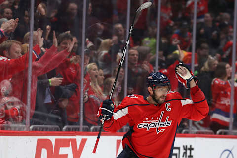 WASHINGTON, DC – JANUARY 07: Alex Ovechkin #8 of the Washington Capitals celebrates his goal against the Washington Capitals during the second period at Capital One Arena on January 07, 2020 in Washington, DC. (Photo by Patrick Smith/Getty Images)